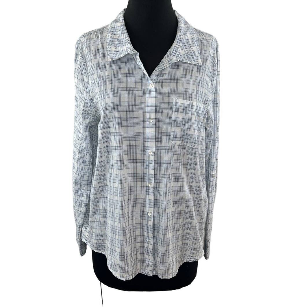Soft JOIE White/Blue Plaid Cotton Button-Up Long Sleeve Shirt Classic Pocket M